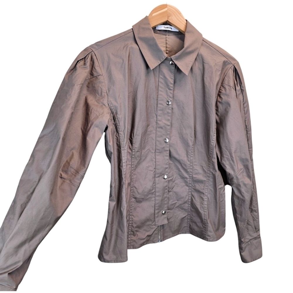 Thakoon Cotton Puff Sleeve Shirt Jacket Sz 6 Taupe Fitted Avant Garde Unique - Picture 12 of 16